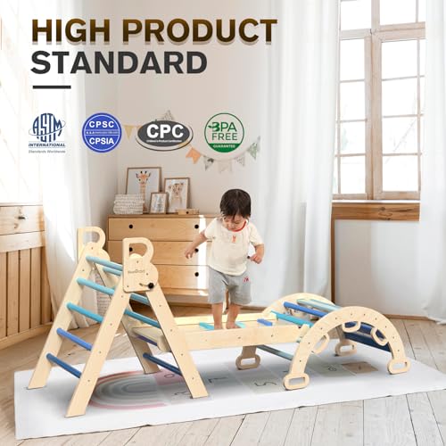 BlueWood Pikler Triangle Set 7in1 Foldable Baby Climbing Toys Wooden Montessori Climbing Set with Arch&Ramp&Ladder Baby Climber Indoor Jungle Gyms for Toddlers Montessori Toys - Sky Blue - Image 5
