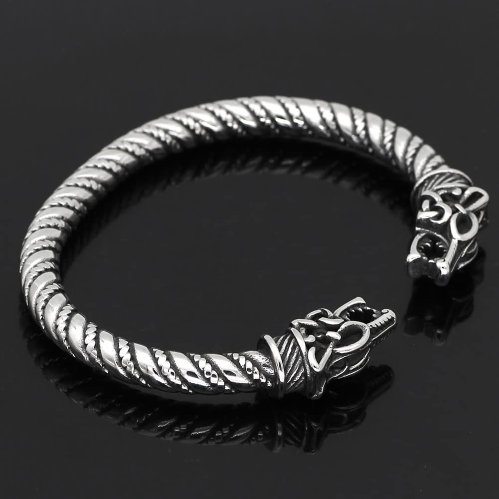 DFWY Uomo Donna Viking Wolf Fenrir Bangle - Braccialetto Nordico Regolabile in Acciaio Inossidabile con Testa di Lupo - Gioielli Fatti A Mano con Amuleto Animale Lupo Odin Lucidato A Mano