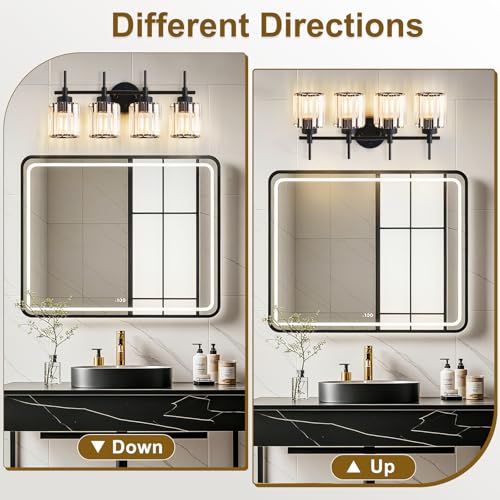 Image of EJIAXIN 4 Light Round Crystal Vanity Lights, Modern Black Crystal Wall Light Bath Mirror Light Fixture Over Mirror Bathroom Wall Sconces for Bathroom Living Room