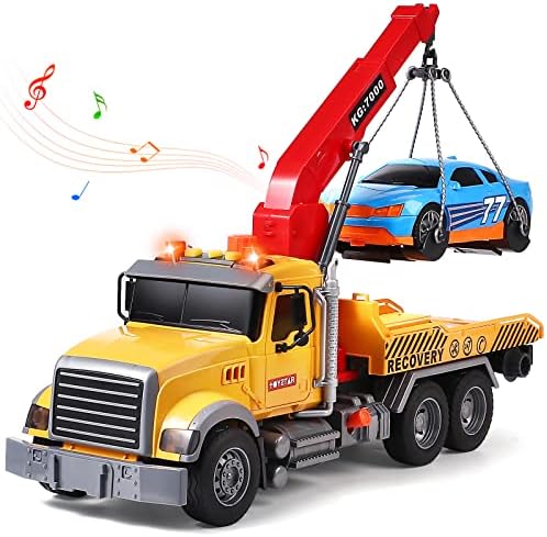 Tacobear Big Rescue Wrecker Truck Toy with Car 1/16 Scale Friction-Powered Tow Truck Wrecker Truck with Lights and Sounds Educational Toys Gift for Kids Boys 3 4 5 6 7 8 Years