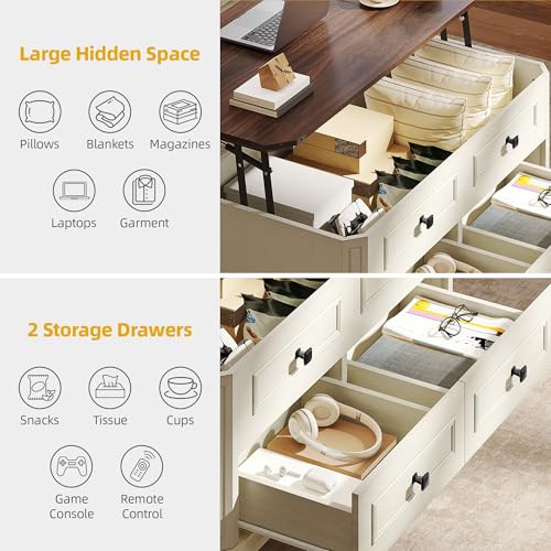 DWVO Lift Top Coffee Table with Storage, Farmhouse Wood Central Table w/Large Hidden Compartment, 2 Storage Drawers, Lift Tabletop Dining Table for Living Room, Reception Room, Rustic White