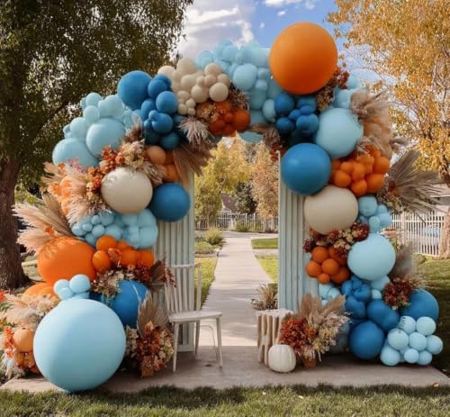 Image of Blue Orange White Balloon Arch Double Stuffed Balloon Kit for Fall Party | Orange Dusty Blue Sand White Balloon Garland for Autumn Baby Shower Cow Boy Girl Sport Party Decor