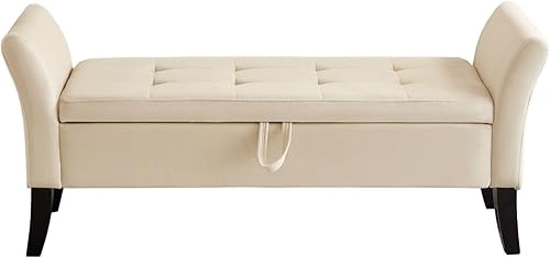 Miniatura 4 de Banco otomano tapizado de tela de terciopelo de 51.5 pulgadas con almacenamiento y brazos, asiento acolchado con patas de madera maciza, asiento