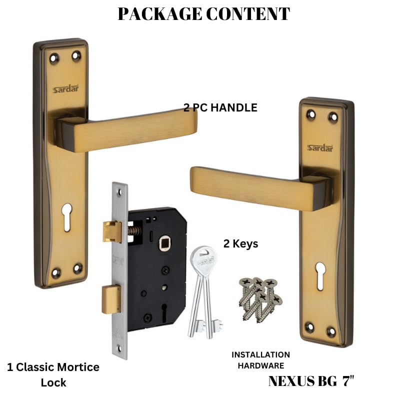 SARDAR Nexus 7 Inch Iron Handle Set|2 Keys | 6 Lever Single Turn Lock Set| Handle Set for Door, Bathroom, Bedroom, Living Room| (Black Gold) 1