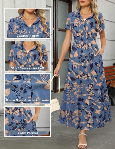 Image of Kranda Women 2026 Summer Collared V Neck Short Sleeve Button Down Chiffon Long Tiered Floral Maxi Dress with Pockets