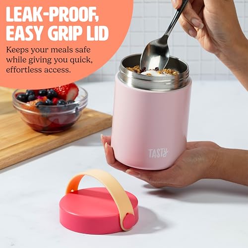 Image of Tasty Food Jar with Folding Handle, Portable Snack Travel or Lunch Container, Stainless Steel Insulated Vacuum with Leak-Proof Lid, Keeps Food Hot or Cold for Hours, 15-Ounce, Pink