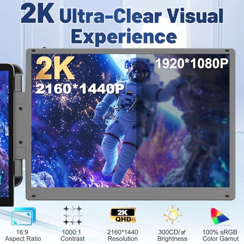 Image of Cenerius 14 inch 2K Ultra-Clear Laptop Screen Extender, Portable Dual Monitor for 13-17 Inch Laptops, USB-C /HDMI Plug & Play IPS Display, Compatible with Mac /Windows /Android /Switch /PS5 /Xbox