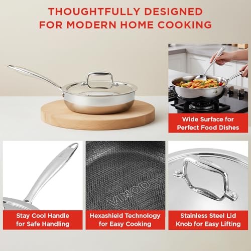 Image of Vinod SAS Pro Platinum Triply Hybrid Non Stick Saute Pan with Lid, (20cm) | Durable Stick Free Cooking Surface | for Curry, Stir Fry, Deep Fry, Sauteing & Roasting | Induction & Gas Compatible