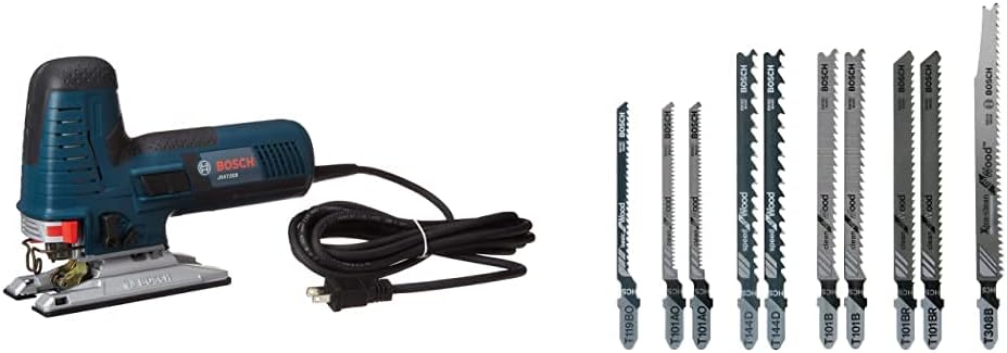 BOSCH 7.2 Amp Barrel-Grip Jig Saw Kit JS572EBK with BOSCH T10RC 10-Piece T-Shank Jig Saw Blade Set Optimized for Extra-Clean Wood Cutting set