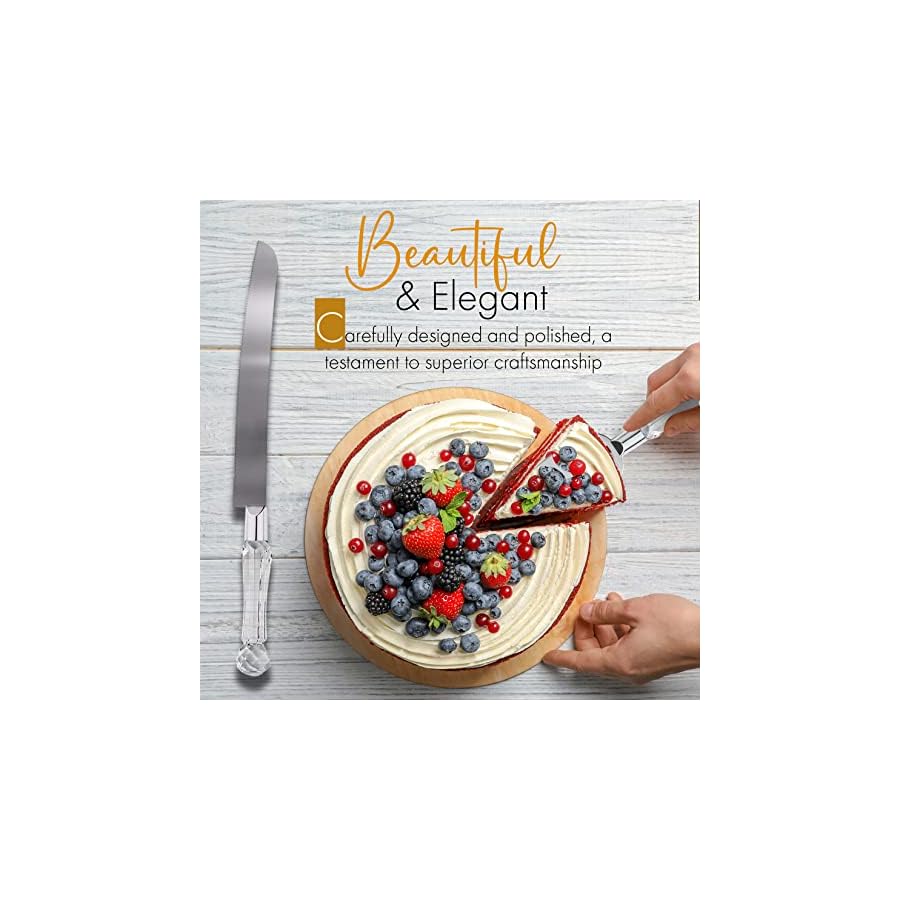 Wedding Cake Knife and Server Set, Cake Cutter and Pie Spatula, Cake Server and Knife Set of 2 with Crystal Handles, 1.2mm Thick Blades, Cutting Set for Birthdays, and Parties (Crystal Silver)