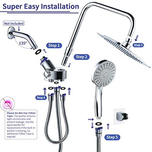 Vxv Rainfall Shower Head Combo, 8'' High Pressure Rain Shower Head With 5 Function Handheld Spray, Dual Shower Head Combo With Adjustable Slide Bar, Luxury Chrome #TOP5