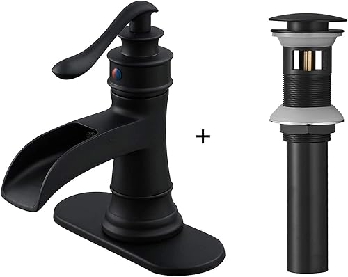 BWE grifo de baño negro cascada sola manija solo agujero grifo de lavabo con línea de suministro paquete de drenaje desplegable con desbordamiento