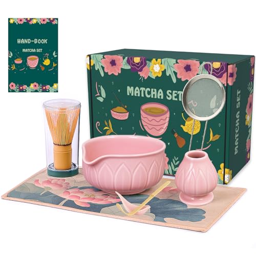 Matcha Whisk Set - 7pcs Japanese Tea Ceremony Kit with Spouted Bowl & Bamboo Whisk, Matcha Starter Kit for Beginners - Authentic Green Tea Accessories, Gift Set for Lovers-Pink