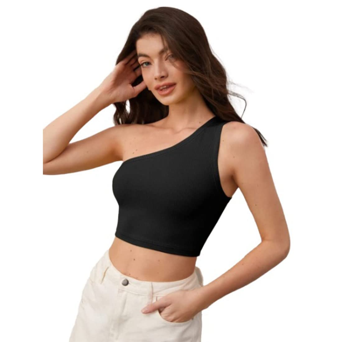 glare & blair Solid One Shoulder Western Stylish Sleeveless Ribbed Crop Tank Top for Women-picture-38