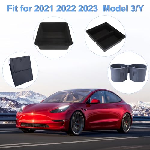 4PCS Center Console Organizer Tray Compatible with Model 3 Model Y 2023 2022 2021 Accessories, Armrest Hidden Drawer Storage Box Cup Holder Interior Accessories - Thumbnail 2