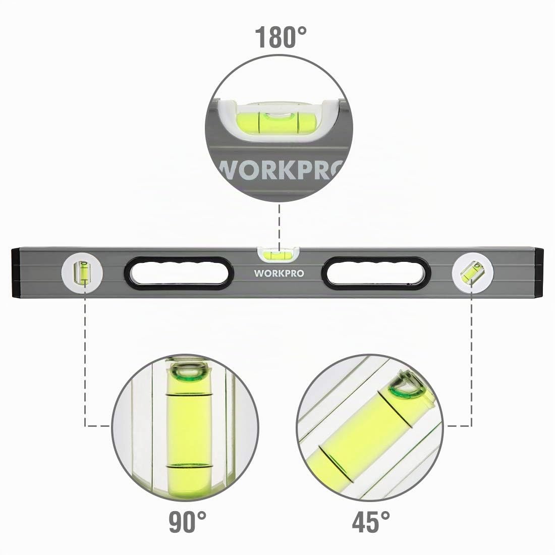 WORKPRO Set di 3 livelle a bolla d'aria (22,9 cm, 40,6 cm, 61 cm), W002900A, grigio