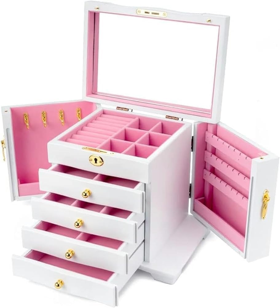 Elegant 4-Drawer Hardwood Jewelry Armoire, Large Mirrored Organizer with Lock