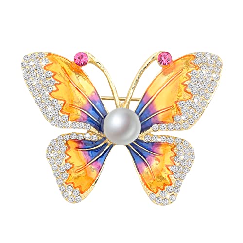 Image of FEELMEM Crystal Rhinestone Butterfly Brooch Pin Blue Color Butterfly Brooches for For Women Wedding /Banquet /Birthday Party (orange)