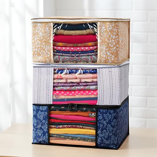 Image of Premium Non-Woven Saree Organizer Bags | Foldable Storage Covers for Wardrobe | Set of 3 (Black & YellowDotted Design)