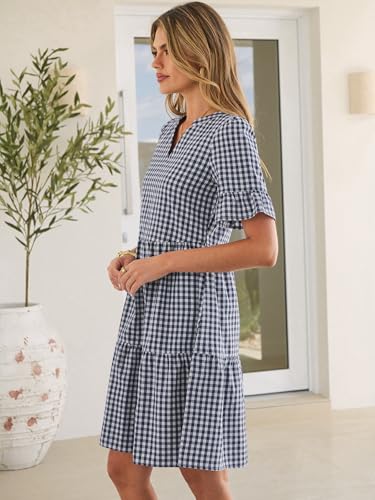 Image of Caracilia Dresses for Women Summer 2026 Striped V Neck Ruffle Sleeve A Line Tiered Flowy Casual Mini Beach Dress with Pockets