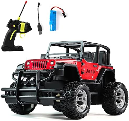 bibisash 1:20 Scale Remote Control Car, Non-Slip Off-Road Toy Car with Friction Powered Wheels & Openable Doors, RC Jeep Toy for Kids & Children (Red)