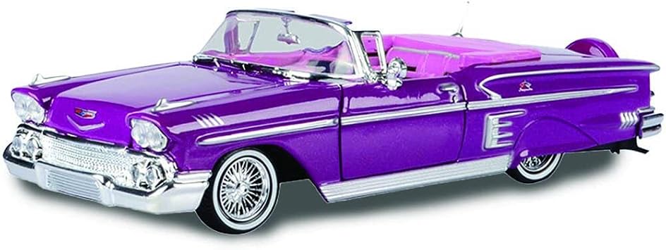 Toy Cars 1958 Chevrolet Impala Convertible Low Rider Purple Metallic Pink Interior Get Low Series 1/24 Diecast Model Car Motormax 79025 Uni Adult