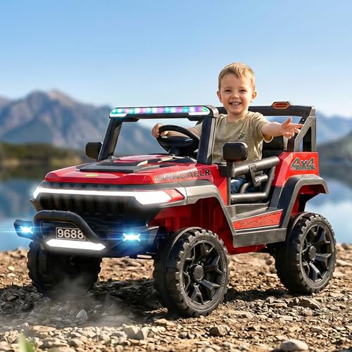 Baybee Wagon Electric Ride On Car for Kids 26 Years | Battery Operated Jeep with LED Lights Music USB AUX Dual Motor Swing Mode Rechargeable Baby Car with Seatbelt - Red (Red)