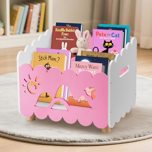 Image of Calmbee Wooden Kids Bookshelf with 2 Adjustable Dividers, Montessori Bookshelf with Animal Carvings for Nursey Room Classroom Playroom, Toy Storage Oragnzier, for Your Baby´s Bedroom, White and Pink