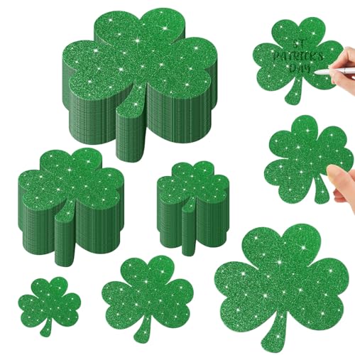 90 peças de recortes para o Dia de São Patrício com glitter, 3 tamanhos, trevos de papel, quadro de