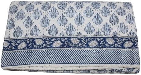 Trend Rajasthani Hand Block Print Kantha Quilt, Cotton Blanket Throw, Hand Stitched Quilt King Queen Size Quilt (Blue, Twin (60'x90')