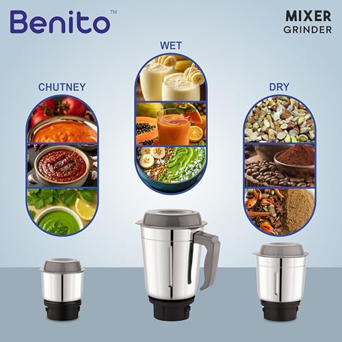 Image of Benito TURIN 550W Mixer Grinder with 3 Stainless Steel Jars | Heavy-Duty Shockproof ABS Body | Powerful Motor with High-Speed Grinding Technology | Elegant Green & Gray Finish | 1-Year Warranty