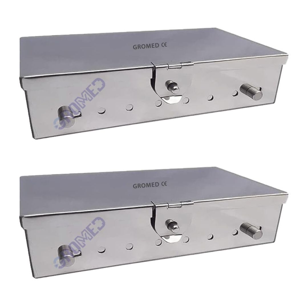 Gromed Autoclave Sterilization Instruments Box with Hinged Attached Lids & Slider with Button, Stainless Steel - Size: 8"(L) x4.5(W) x2(H), Reusable Medical SS Box (2)-picture-29