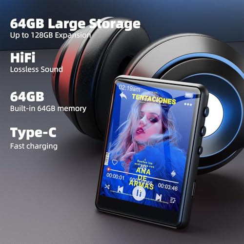 Image of 64GB MP3 Player with Bluetooth5.3, 2.4-Inch HD Full Touch Screen, Portable Lossless Sound Music Player with HD Speaker, mp3 with FM Radio Recording e-Book, Record, Earphone Included