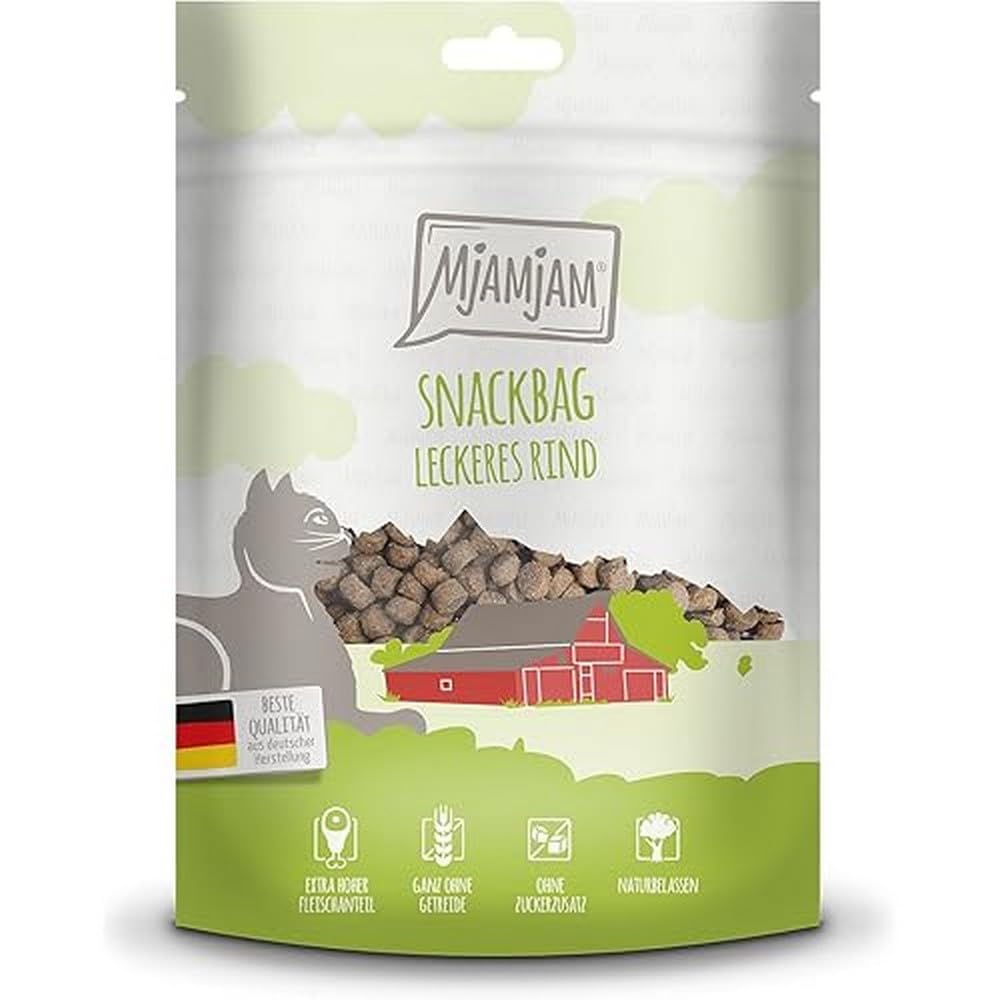 MjAMjAM - Premium Katzensnack - Snackbag - leckeres Rind, 1er Pack (1 x 125 g), naturbelassen ganz ohne synthetische Konservierungsstoffe