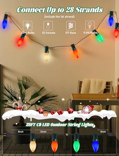 Image of C9 LED Christmas Lights Outdoor 25Ft Outdoor Christmas Decorations String Light Waterproof with 26 C9 LED Multicolor Bulbs, Hanging Vintage Christmas Lights for Patio Roofline Garden Holiday Party