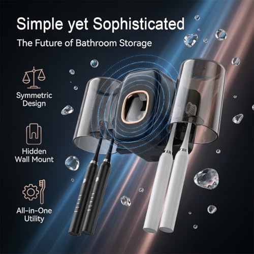 Image of COMFYHOME Tooth Brush Holder Bathroom, Automatic Toothpaste Dispenser, Self Adhesive Brush Stand for Bathroom Wall, Toothbrush Organizer with 2 Mouthwash Cups, 4 Slots Wall Mount Toothbrush Holders