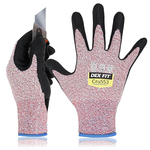 Image of DEX FIT Level 5 Cut Resistant Gloves Cru553, 3D Comfort Stretch Fit, Power Grip, Durable Foam Nitrile, Smart Touch, Machine Washable, Thin & Lightweight, Red 6 (XS) 1 Pair