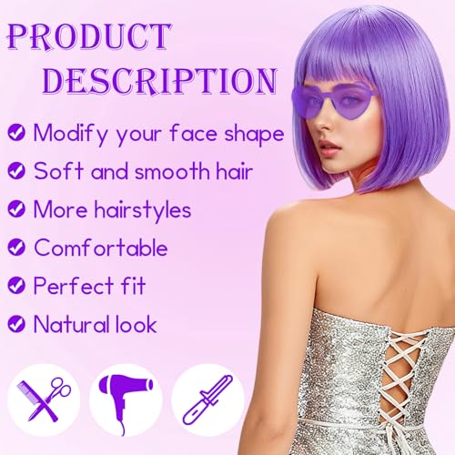 Image of 2 Pack Light Purple Short Bob Wig with Bangs for Women, ROOKEA Girls Neon Bobs Colorful Party Wigs with Heart Sunglasses for Cosplay Bachelorette Costume Party Carnival Musicals Fancy Dress Drag Queen
