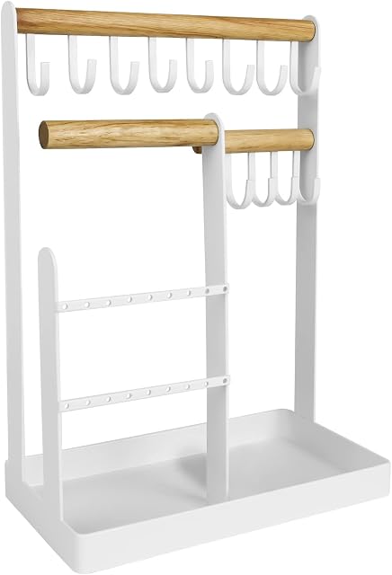 Ulable Wooden Wrought Iron Jewelry Organizer Jewellery Display Stand Holder Cosmetic Rings Necklaces Bracelets Storage Rack Earring Display Shelf (White)
