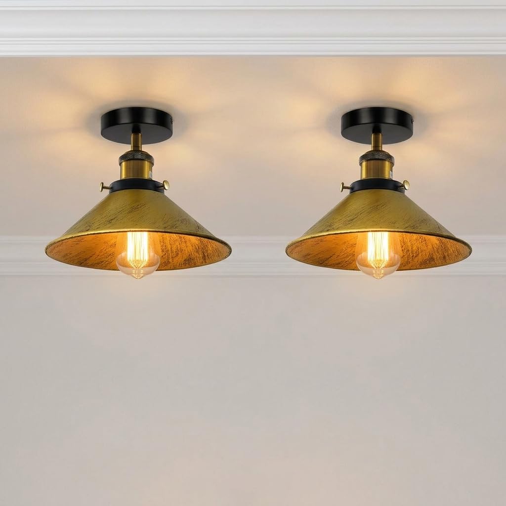 LEDSone Pack of 2 Semi Flush Mount Ceiling Light with E27 Base 22cm Brushed Brass Cone Shade Industrial Vintage Ceiling Lighting Fixture for Kitchen, Bedroom, Dining Room with Bulb