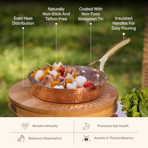 Image of P-TAL Copper Frying Pan with Heat-Resistant Handle | 8.25 Inch Naturally Non-Stick Tin Coated Pan for Healthy Cooking | Traditional Design, Eco-Friendly & Durable Cookware