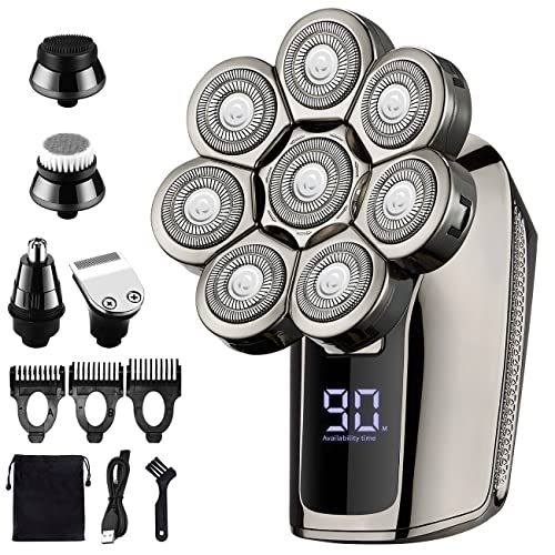 Electric Razor for Men,JXCOOP 5-in-1 Head Shavers Upgrade Skull Razor Bald Head Shavers Grooming Kit Wet/Dry 8-Heads 4D Shaving Kit with Rotary Blades, Nose Trimmer, Clippers,Brush, Massager for Men