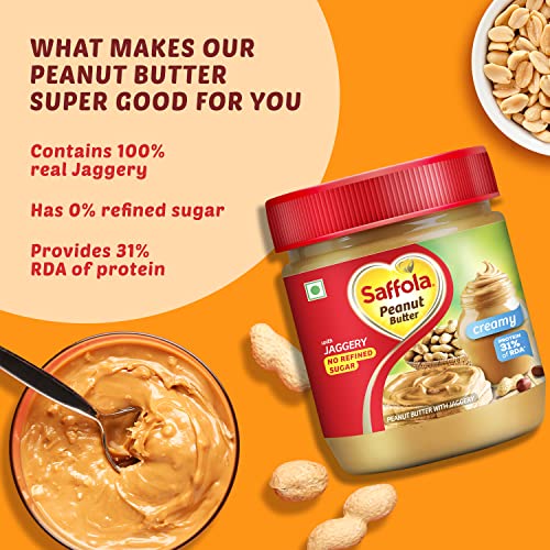 Image of Saffola Oodles, Instant Noodles, Ring Shape, Yummy Masala Flavour, No Maida, Whole Grain Oats, 12 x 53g & Saffola Peanut Butter with jaggery, No Refined Sugar, Creamy, 23.4g Protein, 350g Jar