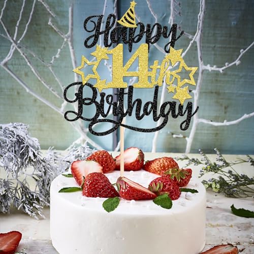 Image of Confetti! Glittering 14th Birthday Cake Topper with Star Hat - Cheers to 14 Years! Fabulous Cake Decorations for Kids' 14th Birthday & Anniversary Party Supply
