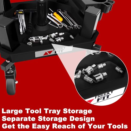 Image of Rolling Stool with Wheels, Adjustable Shop Stool Mechanic Seat, Garage Shop Roller Work Chair, Mobile Rolling Seat with Tool Tray, 2 Cup Holders, 4 inch Casters, 350 LBS, Heavy-Duty, Black