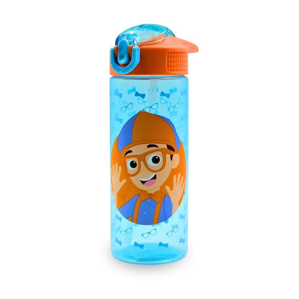 Blippi 600ml Kids Water Bottle with Flip Spout, Lockable Leak‑Proof Lid & Straw – Official Blippi Drinks Bottle for School, Sports, Travel & Everyday Hydration, Blue