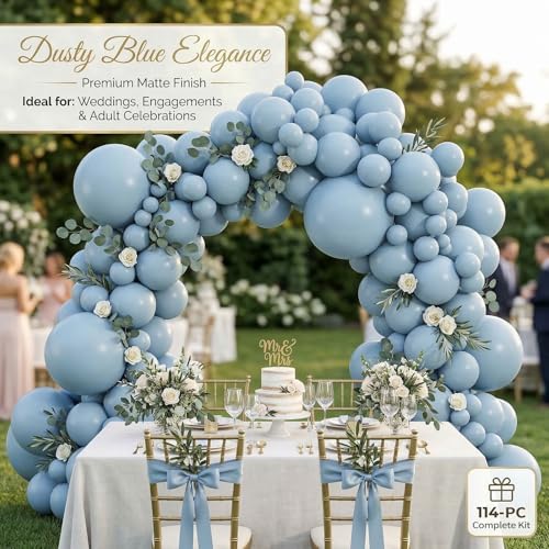 Image of 114pcs Dusty Blue Balloons Different Sizes, 18 12 10 5 inch Retro Pale Aqua Blue Balloons Garland Arch kit for Birthday Boho Baby Shower Bachelorette Wedding Party Decorations