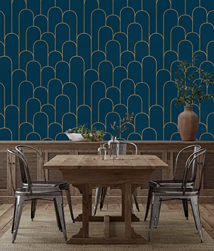 Yasinet Peel And Stick Wallpaper Stripe Removable Blue Contact Paper Blue/Gold Geometric Self Adhesive Decorative For Wall Living Room Cabinet Vinyl Film 17.3''X393.7'' #TOP3