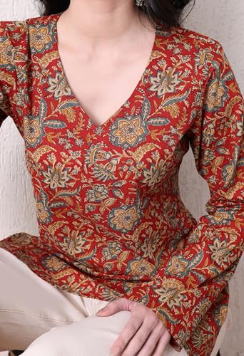 Image of MEERA FAB Women's Floral Printed Cotton Short Kurta | Floral Printed Kurta with Full Sleeves | Short Kurti for Women