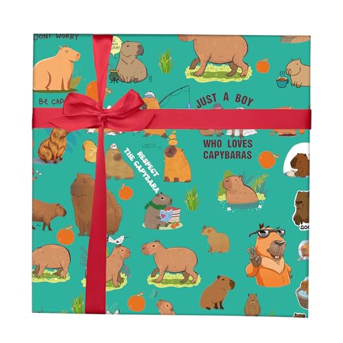 UBBY 5 Stück Capybara Geschenkpapier 51 x 75 cm Kraftpapier Langlebig Capybara Geschenkpapierbögen für Kindergeburtstage Party Festliche Dekoration or Any Occasion (Blaugrüner)